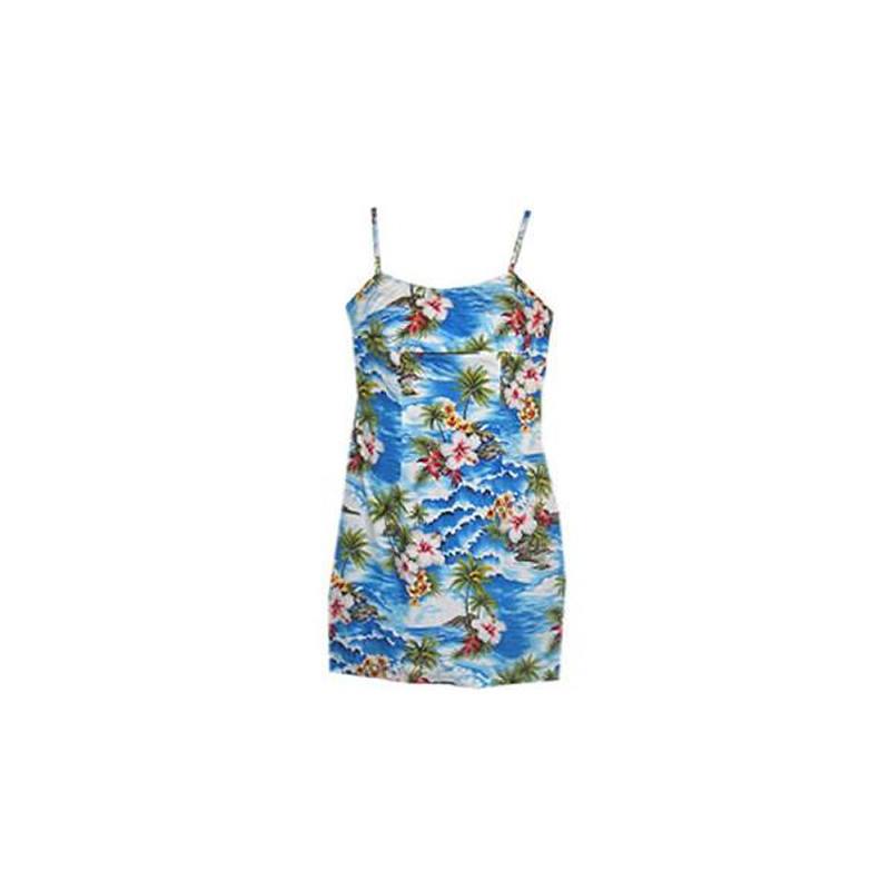 Lagoon Blue Short Hawaiian Skinny Strap Floral Dress - PapayaSun