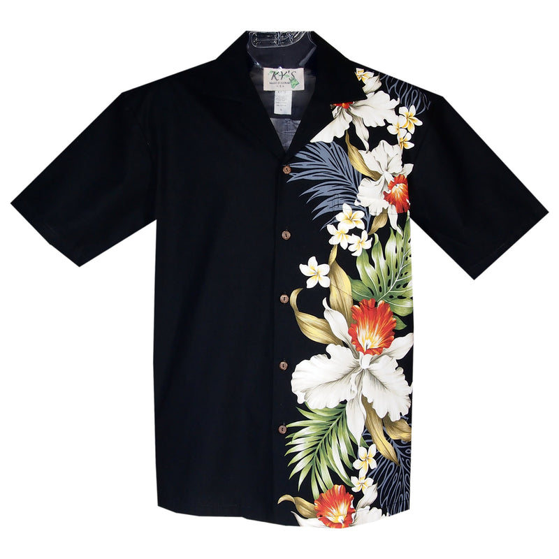 Orchid Plumeria Black Vertical Border Hawaiian Shirt - PapayaSun