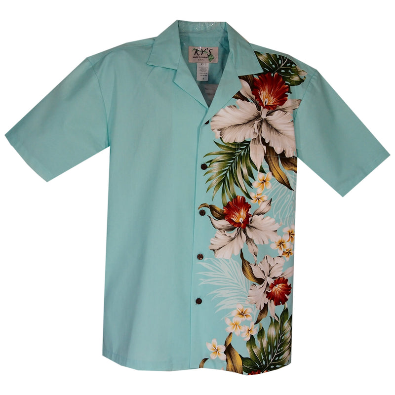 Orchid Plumeria Teal Vertical Border Hawaiian Shirt - PapayaSun