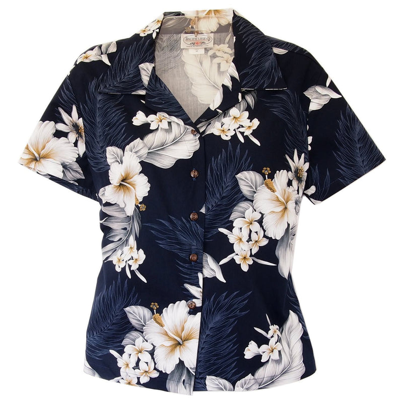 Blueberry Navy Hawaiian Women's Cotton Blouse - PapayaSun