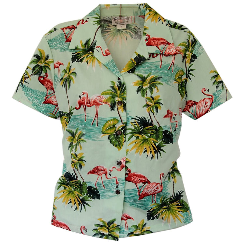 Flamingo Lime Women's Cotton Hawaiian Blouse - PapayaSun