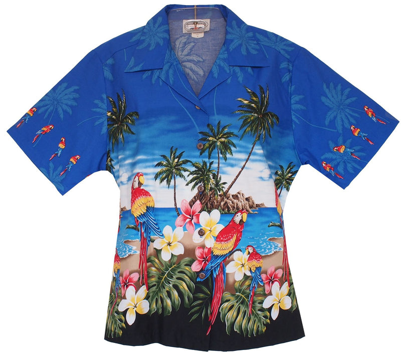 Parrot-Dise Blue Hawaiian Women's Camp Blouse - PapayaSun