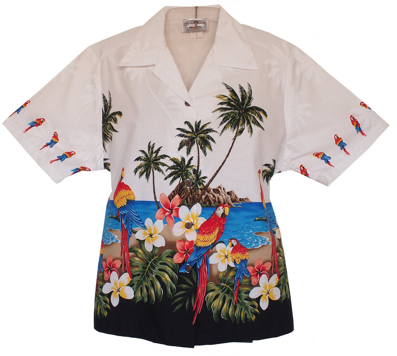 Parrot-Dise White Hawaiian Women's Camp Blouse - PapayaSun