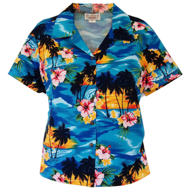 Skyburst Blue Hawaiian Women's Cotton Blouse - PapayaSun