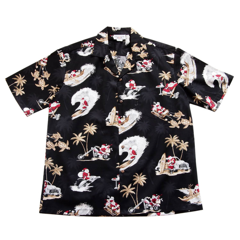 Santa Surf Black Cotton Aloha Hawaiian Print Shirt - PapayaSun