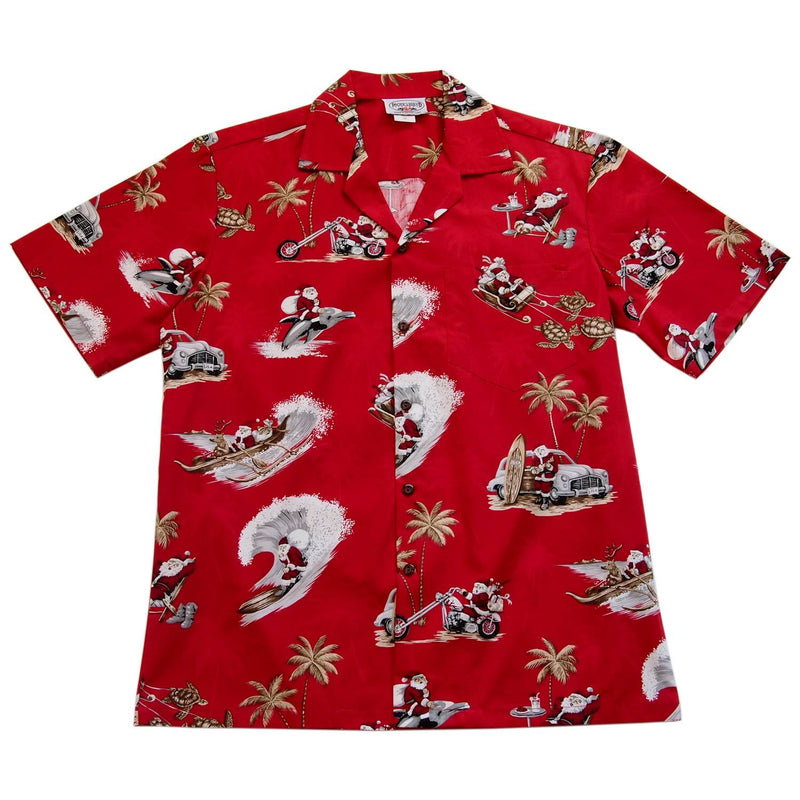 Santa Surf Red Cotton Aloha Hawaiian Print Shirt - PapayaSun